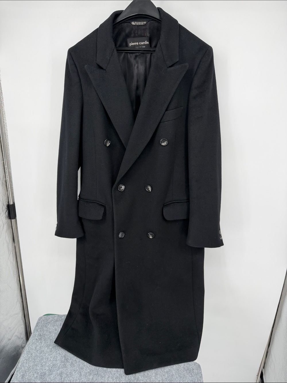 Pierre Cardin Black Double-Breasted Long 100 % Pure Wool Pea Coat